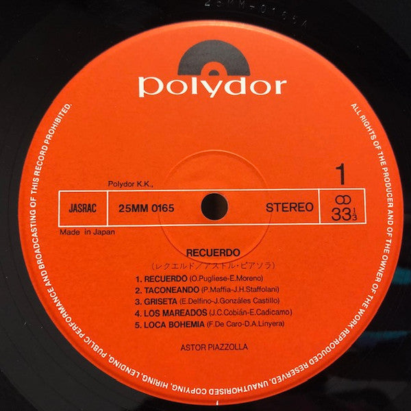 Astor Piazzolla Y Su Gran Orquesta - Recuerdo (Vinyl, LP, Album, Stereo) Very Good Plus (VG+) / Very Good (VG)