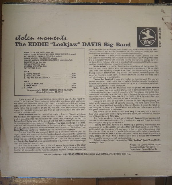 Eddie "Lockjaw" Davis Big Band - Stolen Moments (Vinyl, LP, Reissue, Stereo) Very Good (VG) / Very Good (VG)