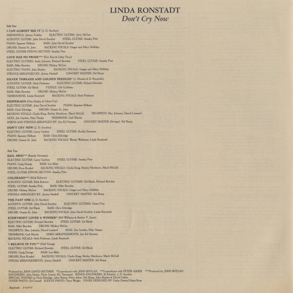 Linda Ronstadt - Don't Cry Now (Vinyl, LP, Album) Very Good Plus (VG+) / Very Good Plus (VG+)