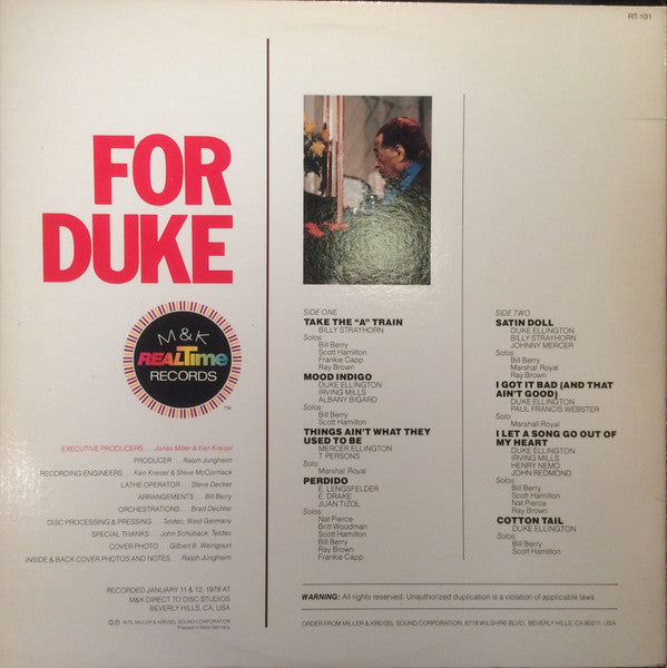 Bill Berry And His Ellington Allstars - For Duke (Vinyl, LP, Album, Limited Edition) Near Mint (NM or M-) / Very Good Plus (VG+)