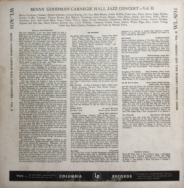 Benny Goodman - The Famous 1938 Carnegie Hall Jazz Concert - Volume 2 (Vinyl, LP) Good Plus (G+) / Fair (F)