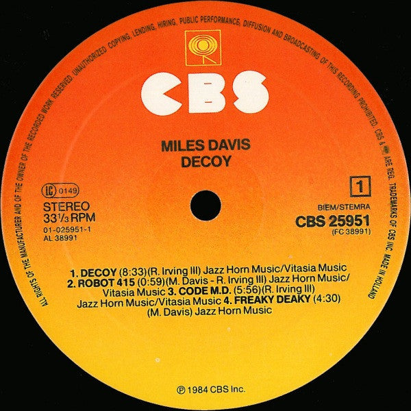 Miles Davis - Decoy (Vinyl, LP, Album, Stereo) Very Good (VG) / Very Good Plus (VG+)