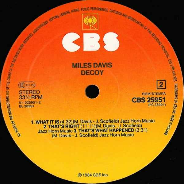 Miles Davis - Decoy (Vinyl, LP, Album, Stereo) Very Good (VG) / Very Good Plus (VG+)