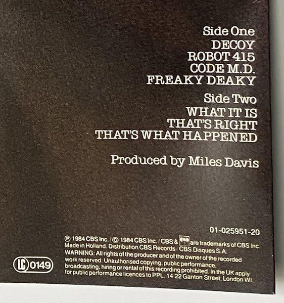 Miles Davis - Decoy (Vinyl, LP, Album, Stereo) Very Good (VG) / Very Good Plus (VG+)
