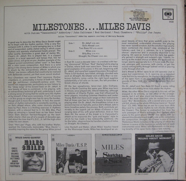 Miles Davis - Milestones (Vinyl, LP, Album, Reissue, Stereo) Near Mint (NM or M-) / Very Good Plus (VG+)