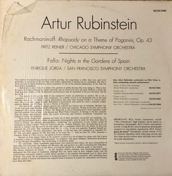 Sergei Vasilyevich Rachmaninoff - Rhapsody On A Theme Of Paganini / Nights In The Gardens Of Spain (Vinyl, LP, Album, Reissue, Stereo) Very Good Plus (VG+) / Very Good Plus (VG+)