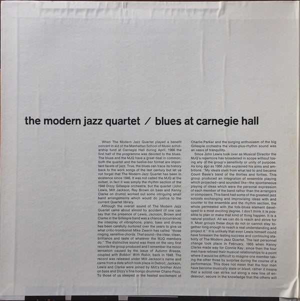 The Modern Jazz Quartet - Blues At Carnegie Hall (Vinyl, LP, Album, Reissue, Stereo) Near Mint (NM or M-) / Very Good Plus (VG+)