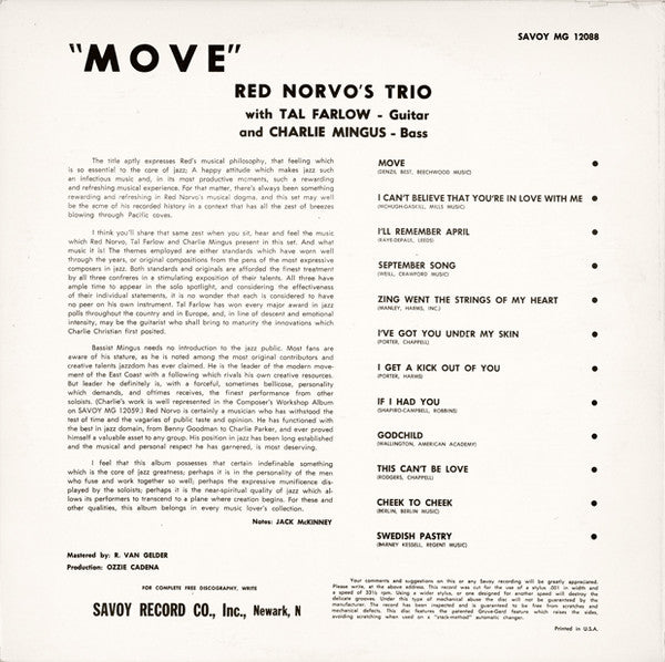 The Red Norvo Trio - Move! (Vinyl, LP, Album, Mono) Very Good Plus (VG+) / Very Good Plus (VG+)
