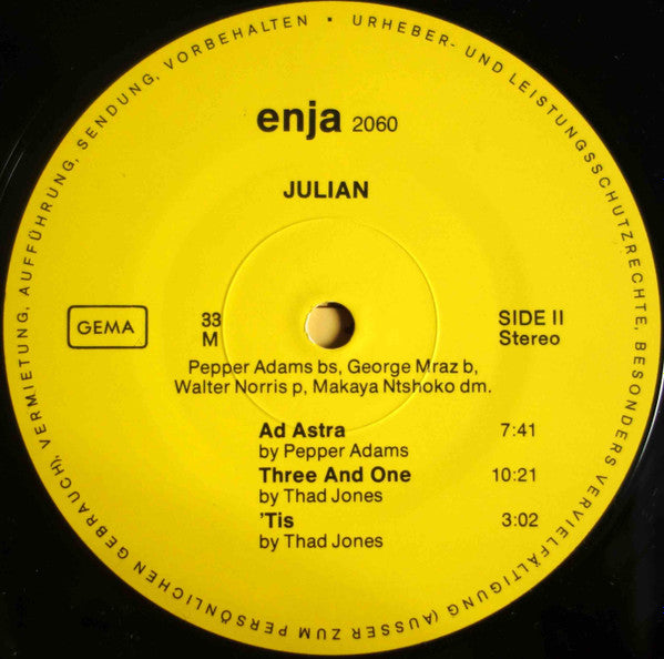 Pepper Adams - Julian (Vinyl, LP, Album, Stereo) Very Good (VG) / Good Plus (G+)