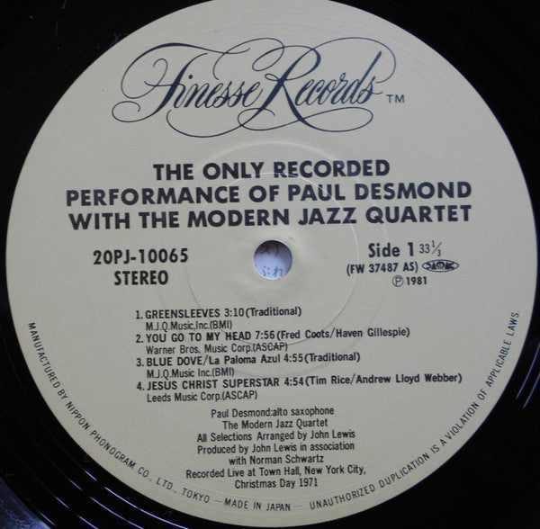 Paul Desmond - The Only Recorded Performance Of Paul Desmond With The Modern Jazz Quartet (Vinyl, LP, Album, Reissue) Very Good Plus (VG+) / Good Plus (G+)