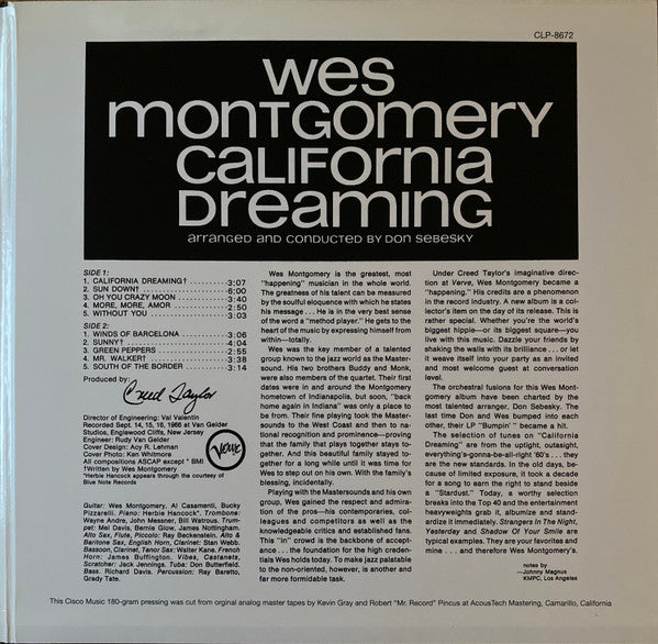 Wes Montgomery - California Dreaming (Vinyl, LP, Album, Limited Edition, Numbered, Reissue, Remastered, Stereo) Very Good Plus (VG+) / Very Good Plus (VG+)