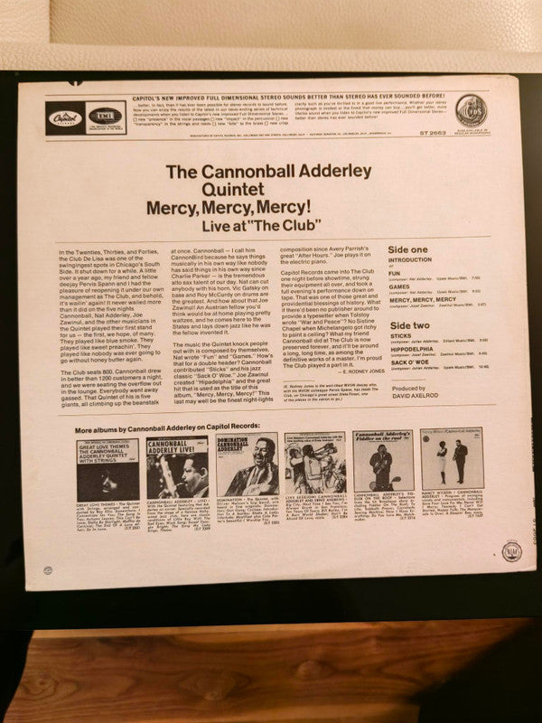 The Cannonball Adderley Quintet - Mercy, Mercy, Mercy! Live At "The Club" (Vinyl, LP, Reissue, Stereo) Very Good (VG) / Very Good (VG)
