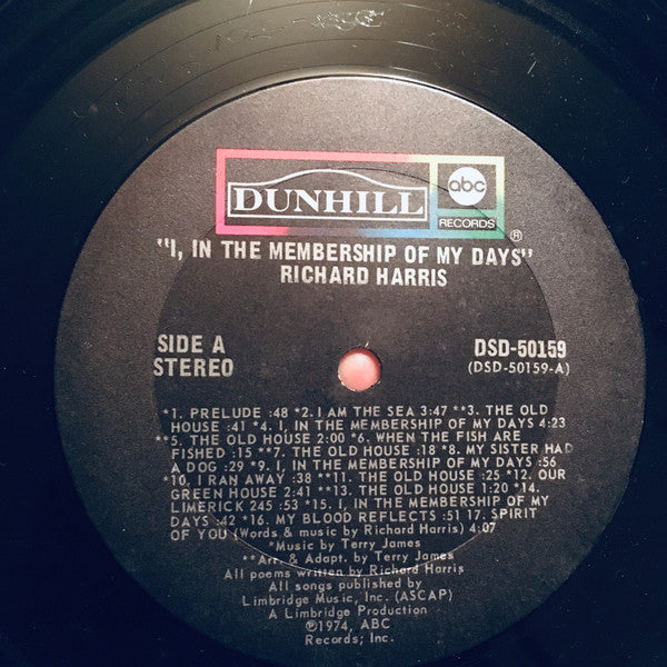 Richard Harris - I, In The Membership Of My Days (Vinyl, LP) Very Good (VG) / Good Plus (G+)