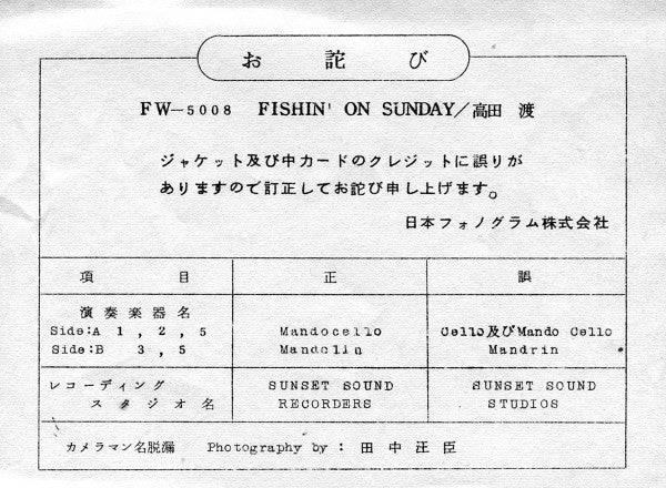 Wataru Takada - Fishin' On Sunday (Vinyl, LP, Album) Very Good (VG) / Very Good (VG)