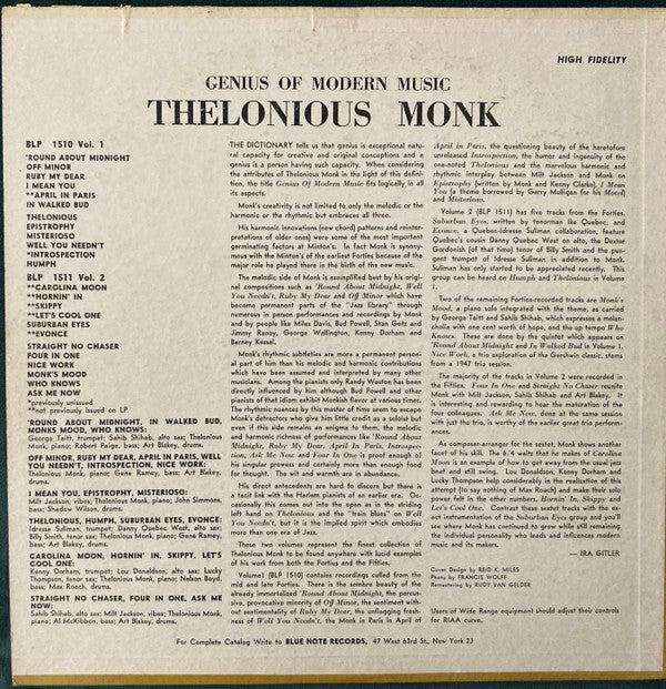 Thelonious Monk - Genius Of Modern Music Volume 1 (Vinyl, LP, Compilation, Repress, Mono) Very Good (VG) / Very Good (VG)