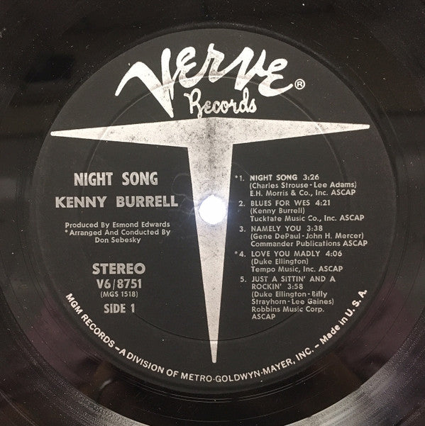 Kenny Burrell - Night Song (Vinyl, LP, Album, Stereo) Very Good (VG) / Good Plus (G+)