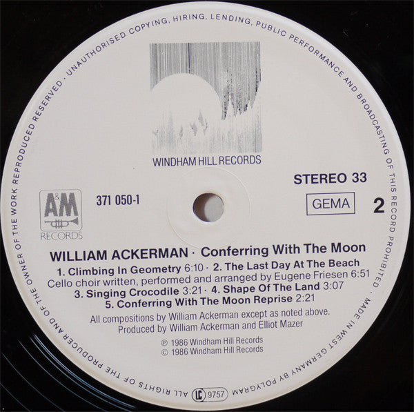 William Ackerman - Conferring With The Moon (Vinyl, LP, Album, Stereo) Very Good Plus (VG+) / Very Good Plus (VG+)