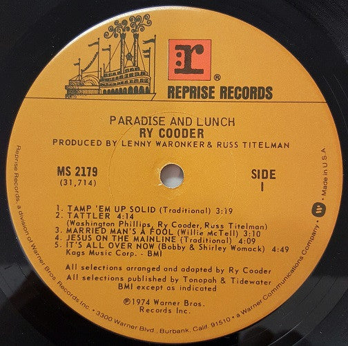 Ry Cooder - Paradise And Lunch (Vinyl, LP, Album, Reissue) Very Good (VG) / Very Good Plus (VG+)