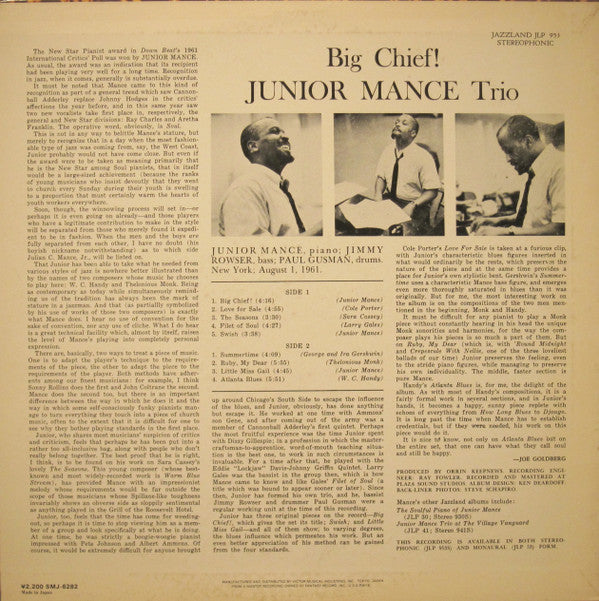 Junior Mance Trio - Big Chief! (Vinyl, LP, Album, Reissue, Stereo) Very Good Plus (VG+) / Very Good Plus (VG+)