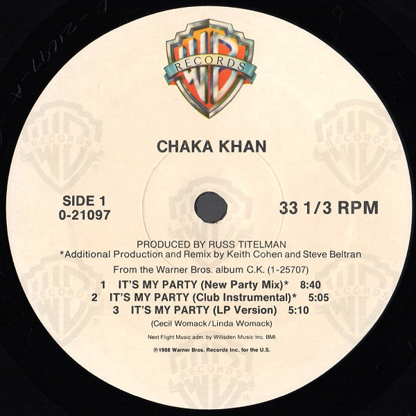 Chaka Khan - It's My Party (Vinyl, 12", 33 ⅓ RPM, Maxi-Single) Good Plus (G+) / Very Good (VG)