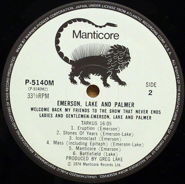 Emerson, Lake & Palmer - Welcome Back My Friends To The Show That Never Ends - Ladies And Gentlemen (3xVinyl, LP, Album) Very Good (VG) / Very Good Plus (VG+)