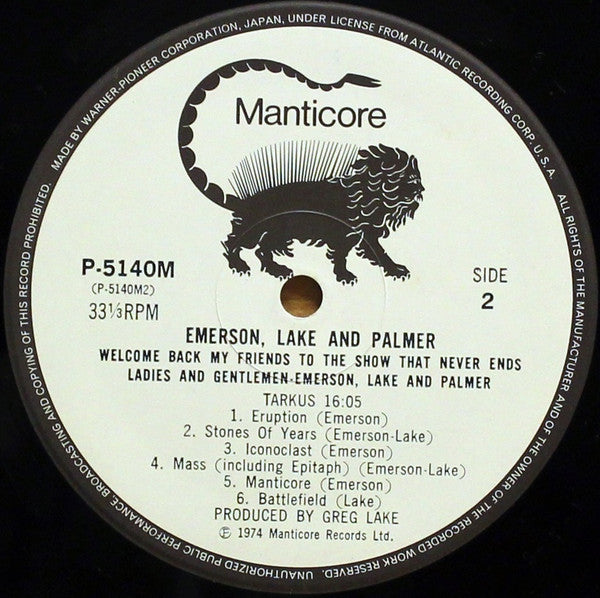 Emerson, Lake & Palmer - Welcome Back My Friends To The Show That Never Ends - Ladies And Gentlemen (3xVinyl, LP, Album) Very Good (VG) / Good (G)