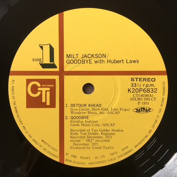 Milt Jackson - Goodbye (Vinyl, LP, Album, Stereo) Very Good Plus (VG+) / Very Good Plus (VG+)
