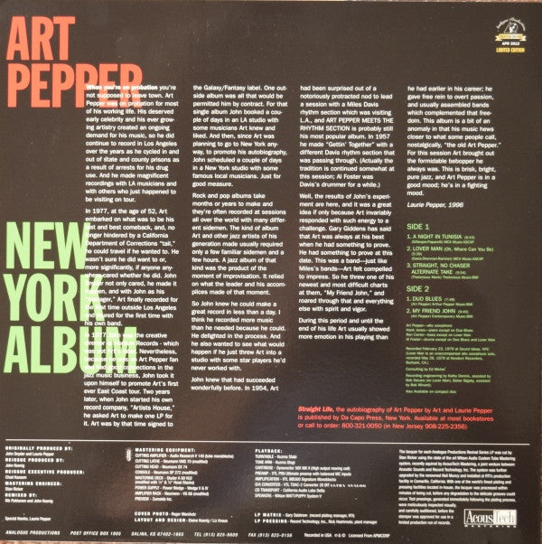 Art Pepper - New York Album (Vinyl, LP, Limited Edition, Reissue, Remastered) Very Good Plus (VG+) / Near Mint (NM or M-)