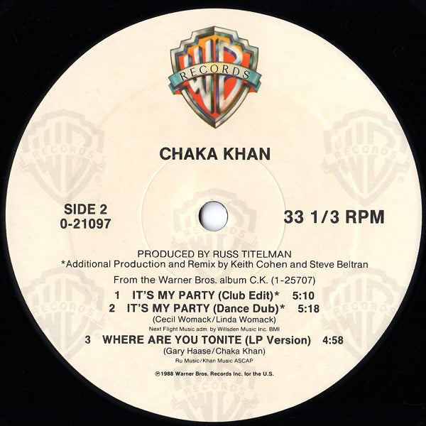 Chaka Khan - It's My Party (Vinyl, 12", 33 ⅓ RPM, Maxi-Single) Good Plus (G+) / Very Good (VG)