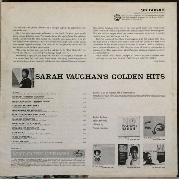 Sarah Vaughan - Sarah Vaughan's Golden Hits (Vinyl, LP, Compilation, Stereo) Very Good (VG) / Very Good (VG)