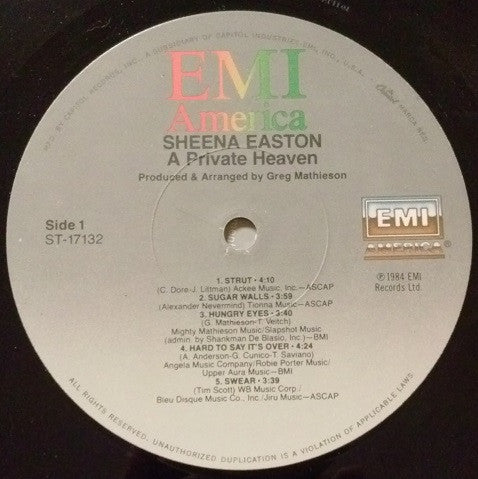 Sheena Easton - A Private Heaven (Vinyl, LP, Album, Stereo) Good Plus (G+) / Good Plus (G+)