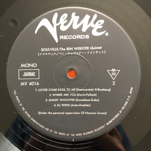 The Ben Webster Quintet - Soulville (Vinyl, LP, Album, Reissue, Mono) Very Good Plus (VG+) / Very Good (VG)