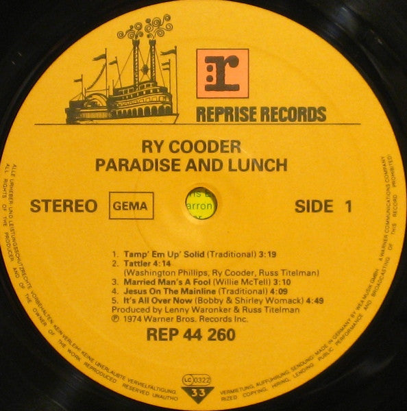Ry Cooder - Paradise And Lunch (Vinyl, LP, Album, Reissue, Stereo) Very Good Plus (VG+) / Very Good Plus (VG+)