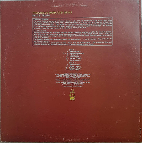 Thelonious Monk - Nica's Tempo (Vinyl, LP, Album, Reissue) Very Good (VG) / Very Good (VG)
