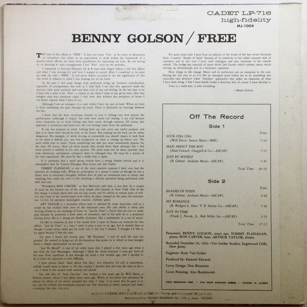 Benny Golson Quartet - Free (Vinyl, LP, Album, Reissue, Stereo) Near Mint (NM or M-) / Very Good (VG)