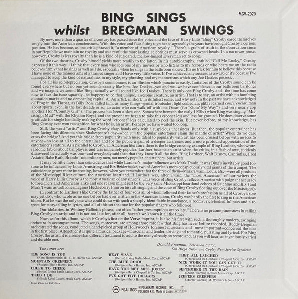 Bing Crosby - Bing Sings While Bregman Swings (Vinyl, LP, Album, Reissue, Mono) Good Plus (G+) / Very Good Plus (VG+)