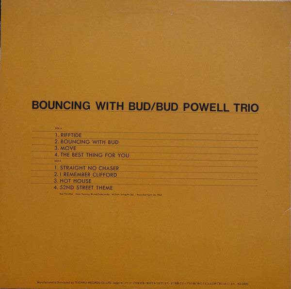 The Bud Powell Trio - Bouncing With Bud (Vinyl, LP, Album, Reissue, Stereo) Near Mint (NM or M-) / Near Mint (NM or M-)