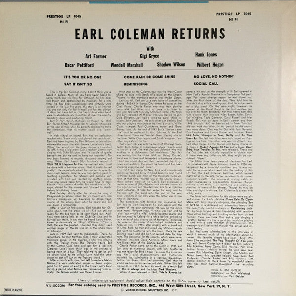 Earl Coleman - Returns (Vinyl, LP, Album, Reissue, Mono) Very Good Plus (VG+) / Good Plus (G+)