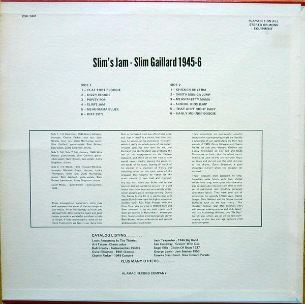 Slim Gaillard - Slim's Jam - Slim Gaillard 1945-6 (Vinyl, LP, Compilation) Very Good Plus (VG+) / Very Good Plus (VG+)