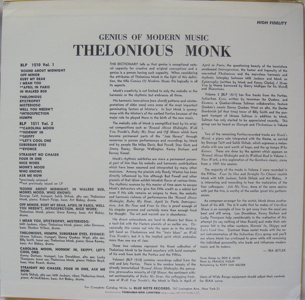 Thelonious Monk - Genius Of Modern Music Volume 1 (Vinyl, LP, Compilation, Reissue, Remastered, Mono) Near Mint (NM or M-) / Very Good Plus (VG+)