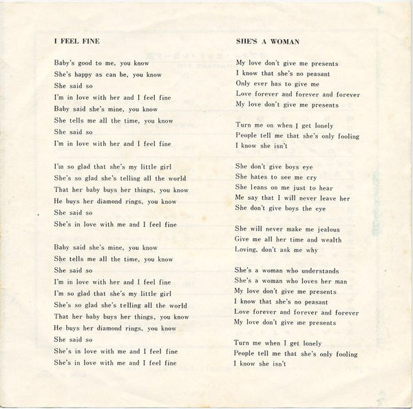 The Beatles - アイ・フィール・ファイン = I Feel Fine / シーズ・ア・ウーマン = She's A Woman (Vinyl, 7", 45 RPM, Single, Mono) Very Good (VG) / Good Plus (G+)