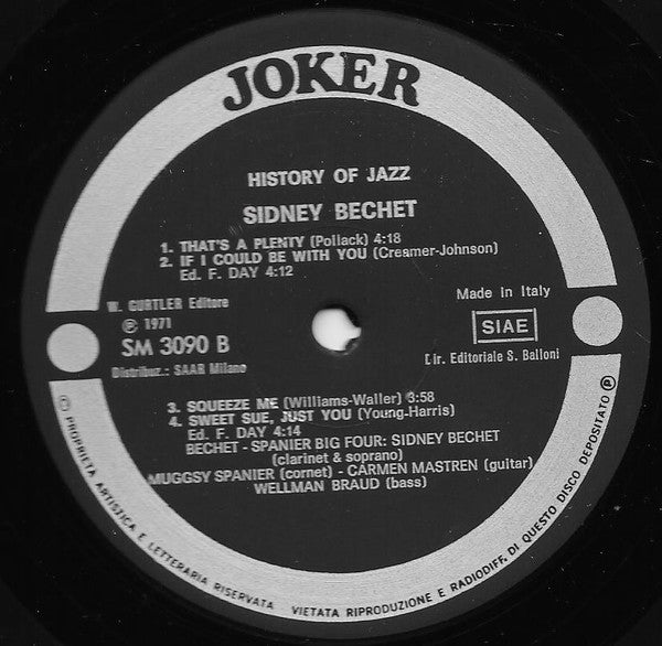 Sidney Bechet - La Storia Del Jazz (History Of Jazz) (Vinyl, LP) Very Good Plus (VG+) / Very Good Plus (VG+)