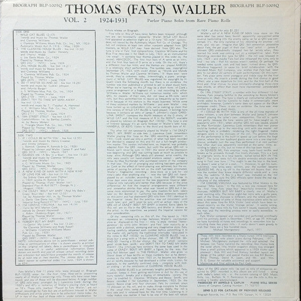 Fats Waller - 1924-1931 Parlor Piano Solos From Rare Piano Rolls Vol. 2 (Vinyl, LP, Compilation) Very Good (VG) / Very Good (VG)