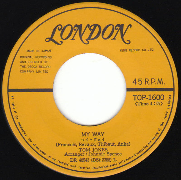 Tom Jones - She's A Lady / My Way (Vinyl, 7", Single, Mono) Very Good (VG) / Very Good (VG)