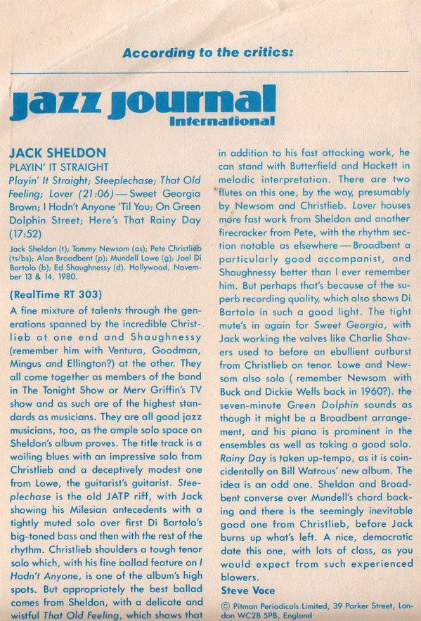 Jack Sheldon - Playin' It Straight (Vinyl, LP, Album, Limited Edition) Near Mint (NM or M-) / Very Good Plus (VG+)