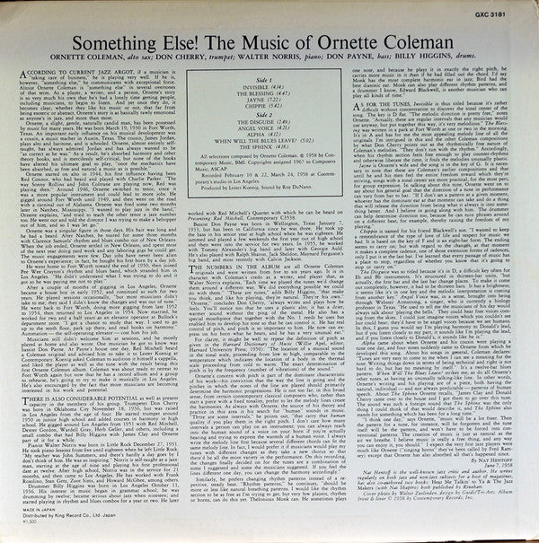 Ornette Coleman - Something Else! The Music Of Ornette Coleman (Vinyl, LP, Album, Reissue) Near Mint (NM or M-) / Very Good (VG)