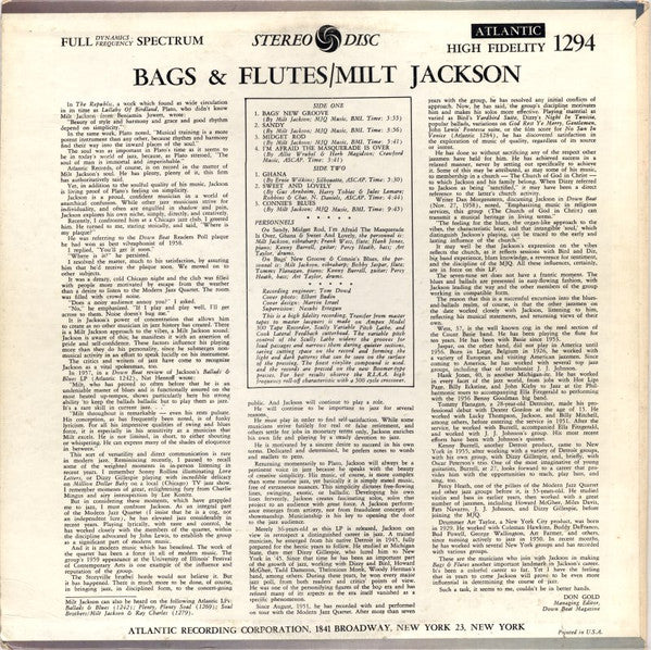 Milt Jackson - Bags & Flutes (Vinyl, LP, Album, Repress, Stereo) Very Good (VG) / Very Good (VG)