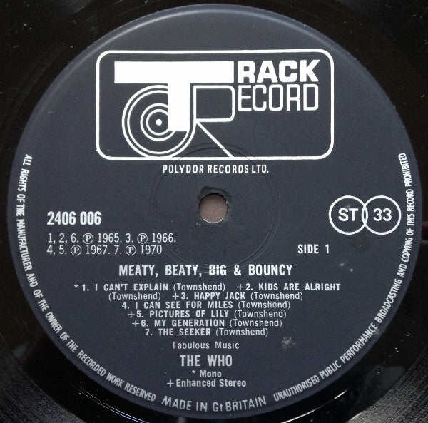 The Who - Meaty Beaty Big & Bouncy (Vinyl, LP, Compilation, Stereo, Mono) Very Good Plus (VG+) / Very Good (VG)