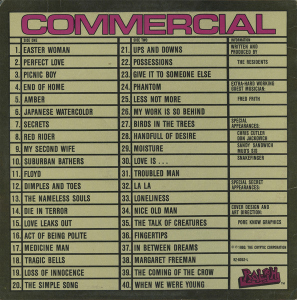 The Residents - Commercial Album (Vinyl, LP, Album, Misprint) Near Mint (NM or M-) / Near Mint (NM or M-)