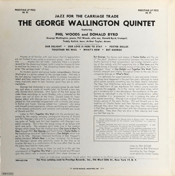 George Wallington Quintet - Jazz For The Carriage Trade (Vinyl, LP, Album, Mono, Reissue) Very Good Plus (VG+) / Very Good (VG)